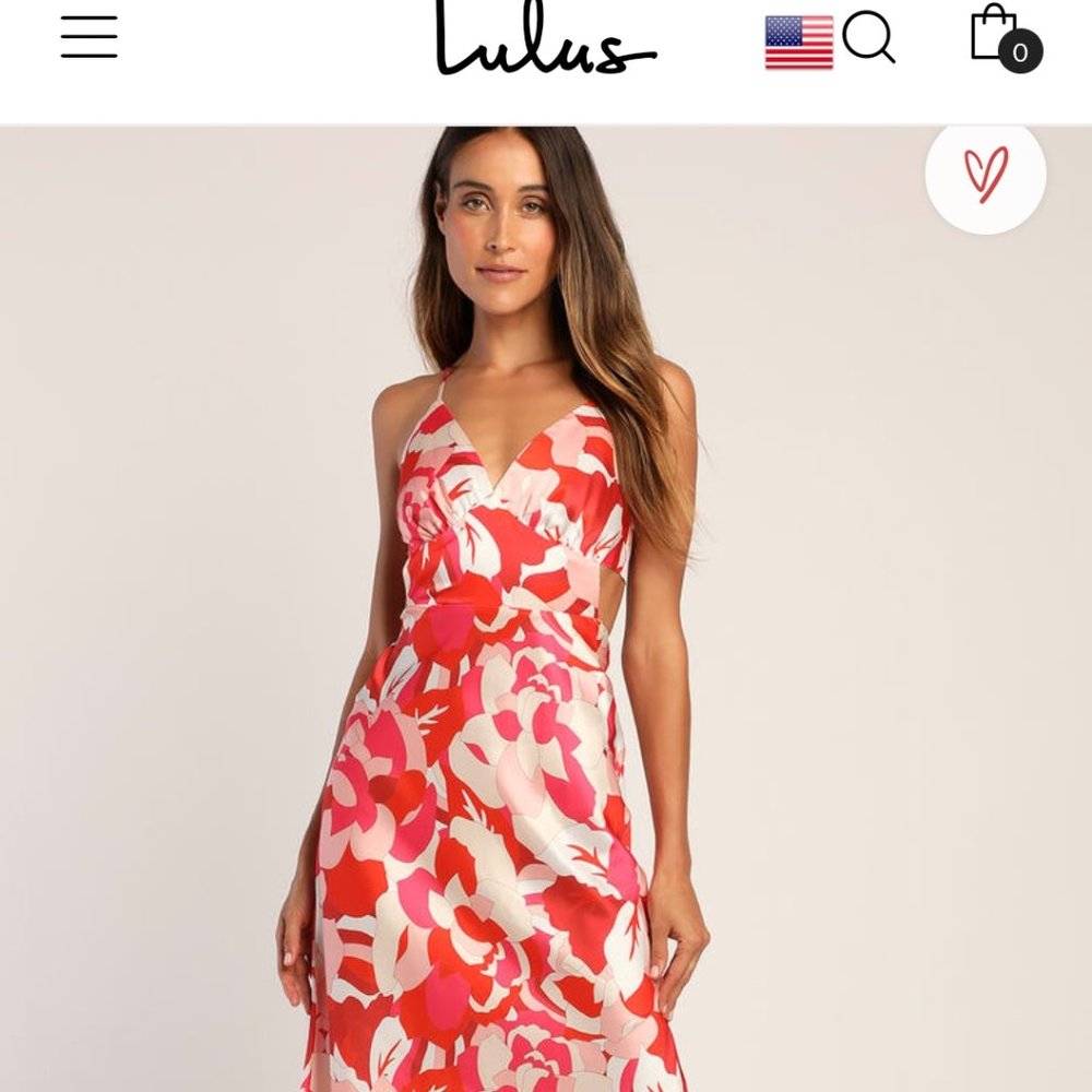 Lulu's Front Page Hues Coral Multi Floral Satin Midi Dress S